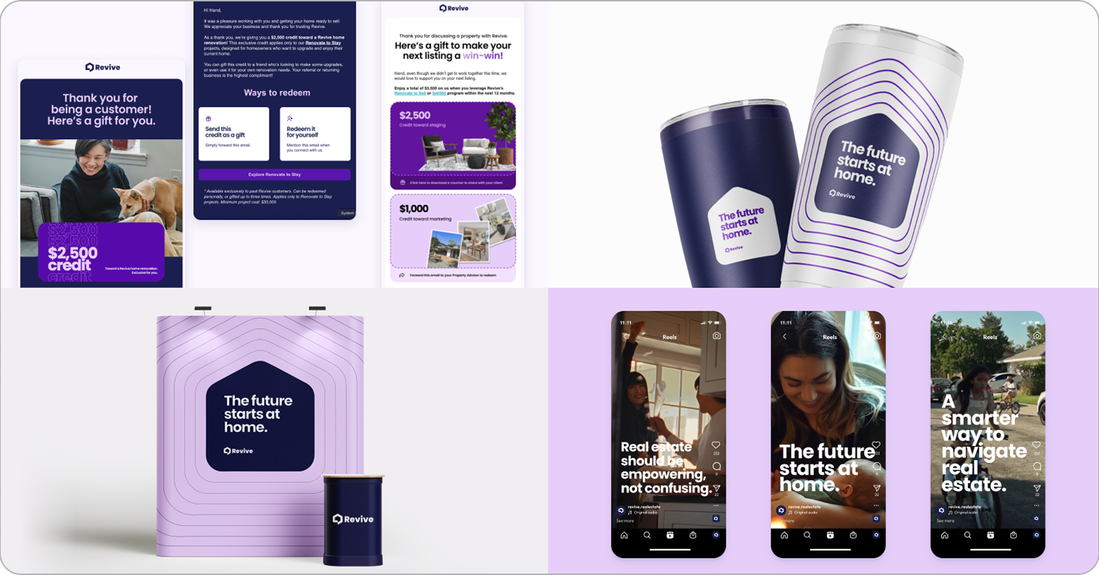 Creative expression scale: customer gift email, tumblers, trade-show booth, and Instagram Reels