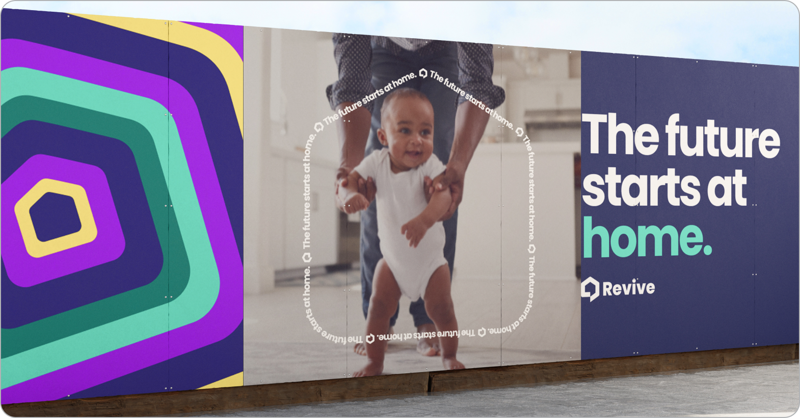 Three-panel fence billboard: 'The future starts at home.'