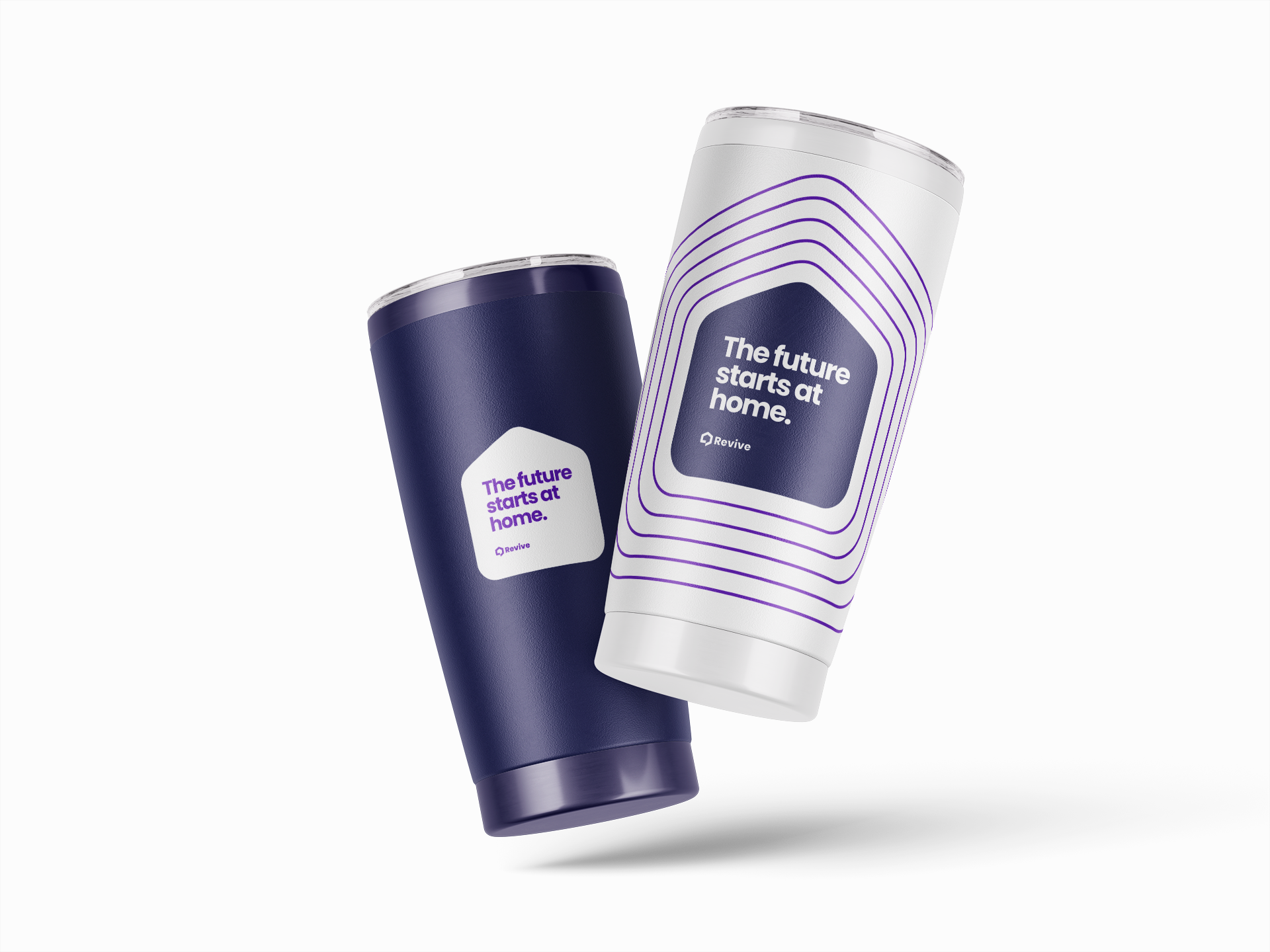 Two Revive tumblers with 'The future starts at home' tagline